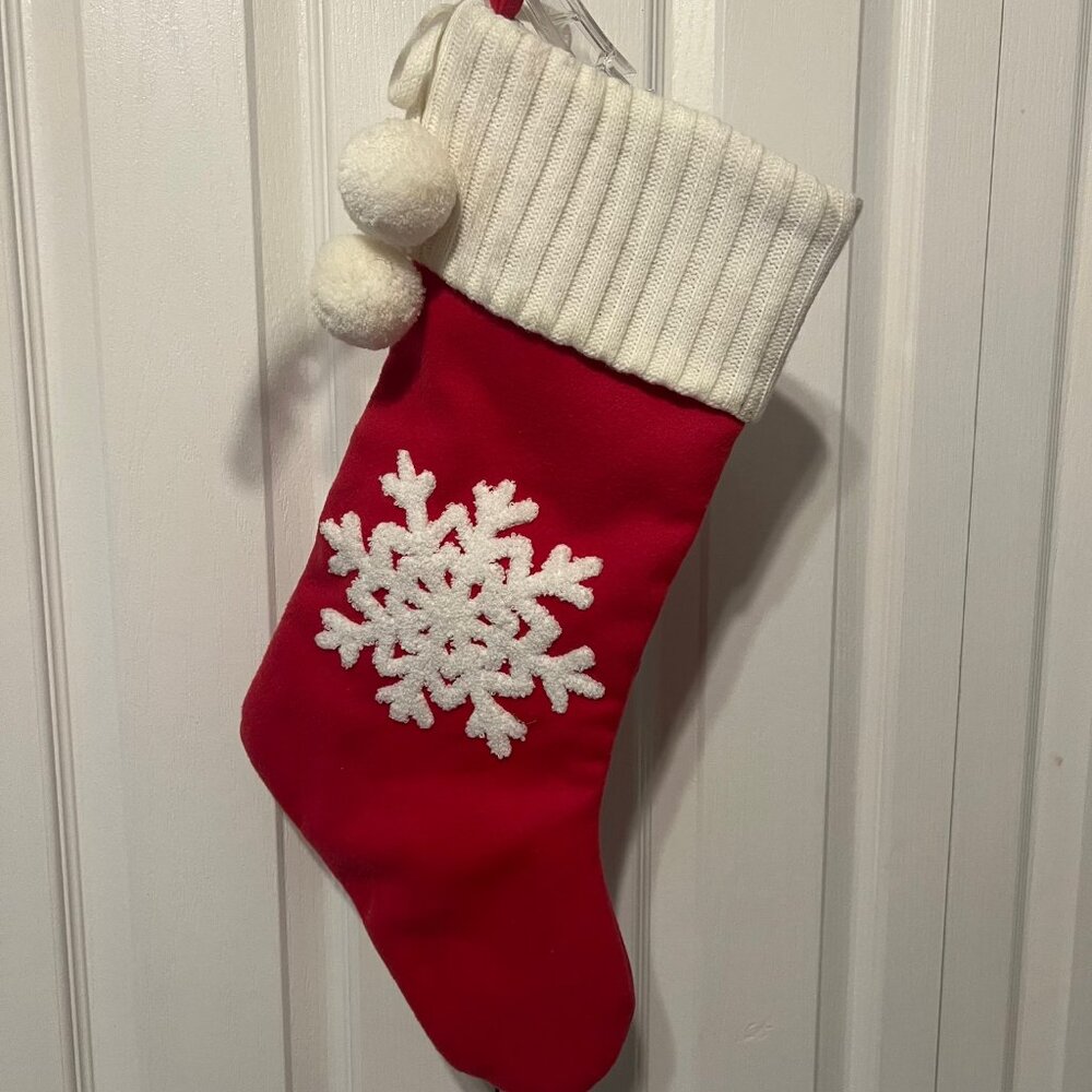 Christmas Snow Flake Stocking/Pom poms-Knit mix-Hooked Snowflake-Holidays